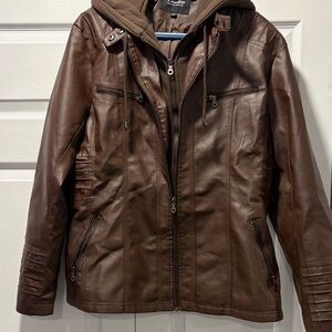 Stylish Brown Leather Jacket with Hood
